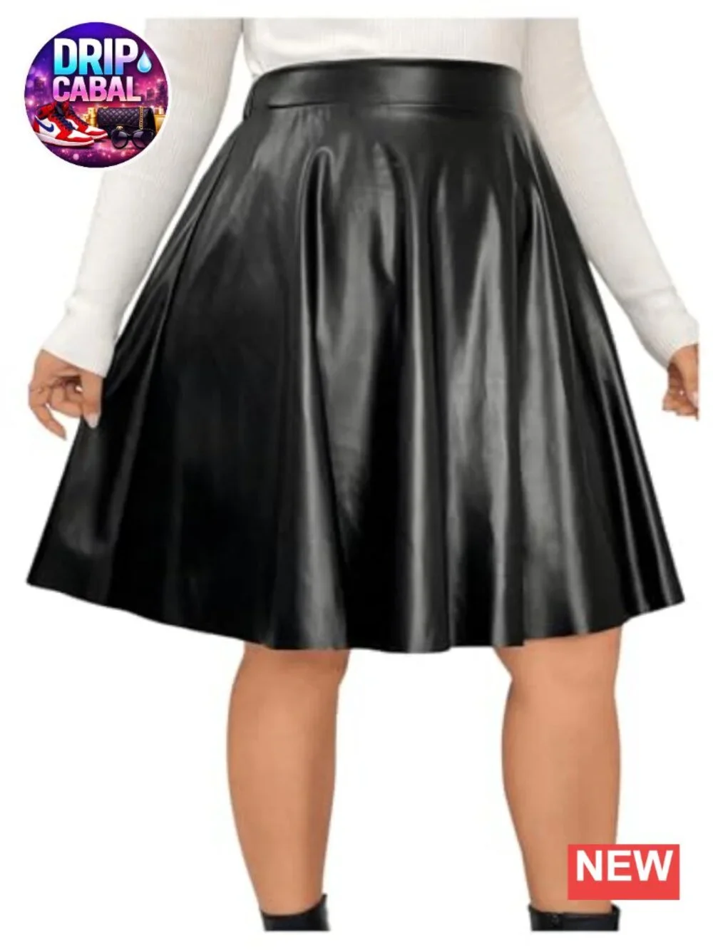 Women's Plus Size PU Leather Pleated Skater Skirt High Waist Knee Length